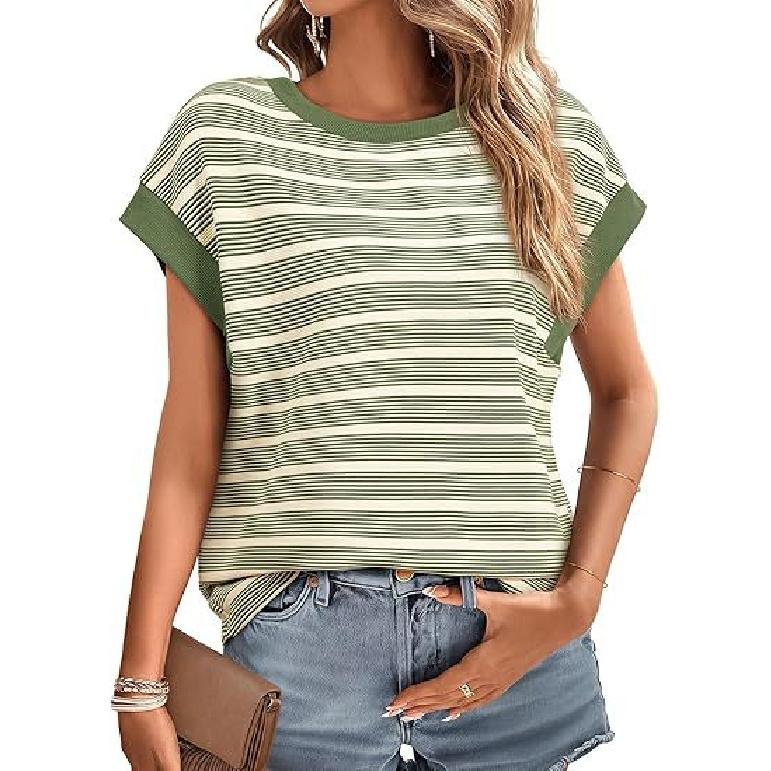 2026 Women s Summer Round Neck Striped Knit T-Shirt Fashionable Spring Loose T-Shirt Blouse S зелёный