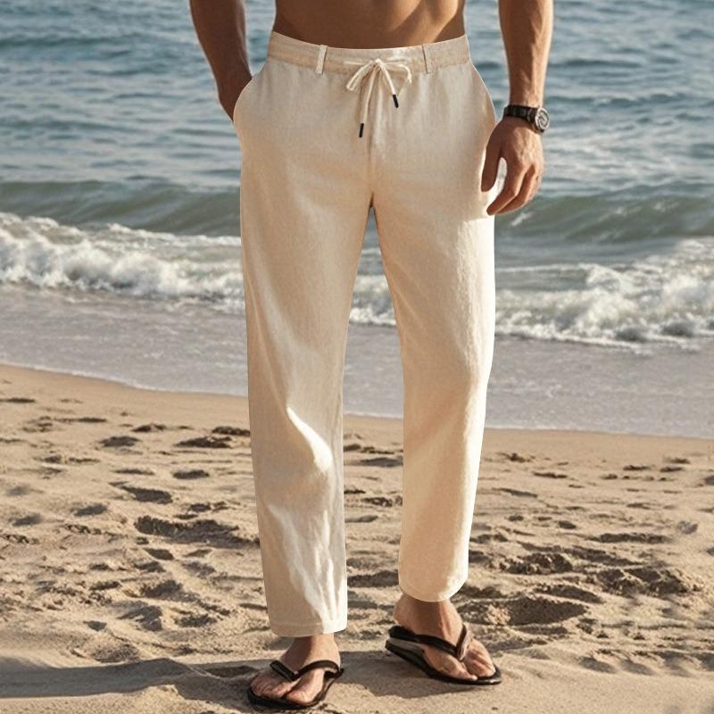 Men American Drawstring Simple Solid Color Casual Linen Cotton Straight Long Pants