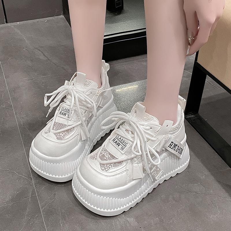 Fashion Women's Dad Shoes 8cm Height Increase Spring Summer New Style Lace Breathable Platform Thick Bottom Net Surface White Shoes