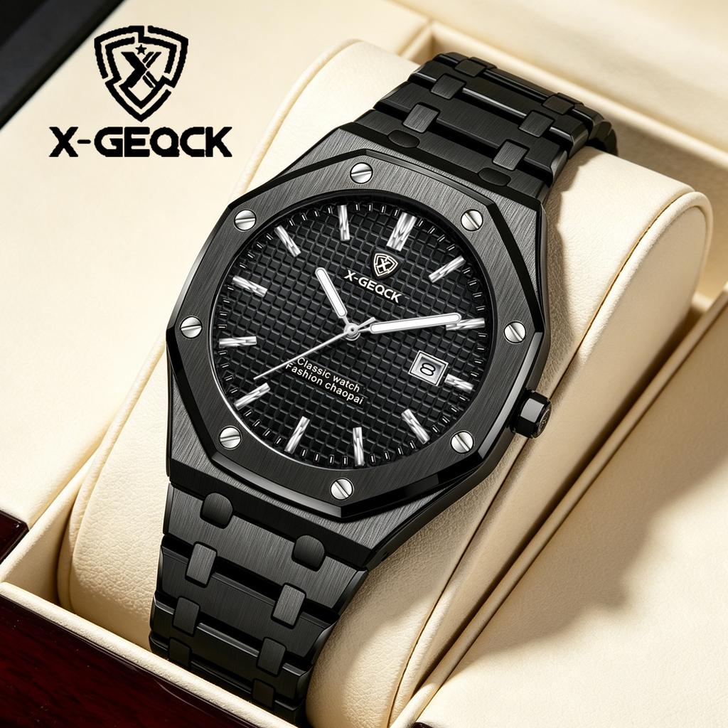 Men's Luxury Business High Quality Stainless Steel Strap Waterproof Quartz Watch Calendar Night Light Grid Dial