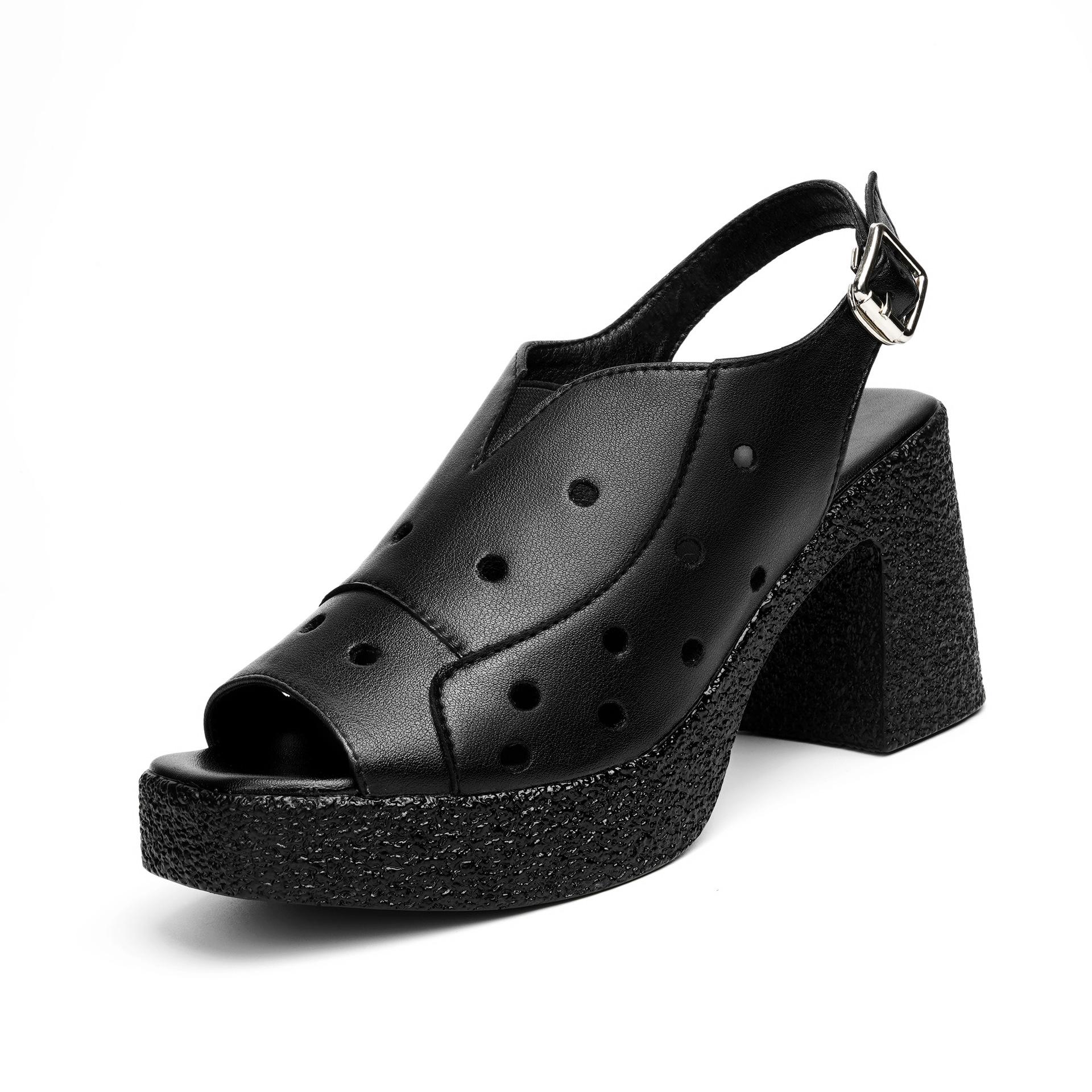 

8cm All Match Comfortable Open Head Slingback Genuine Leather Sandals 2025 Block High Heels Shoes for Office Mom Hole Shoes 34 чорний