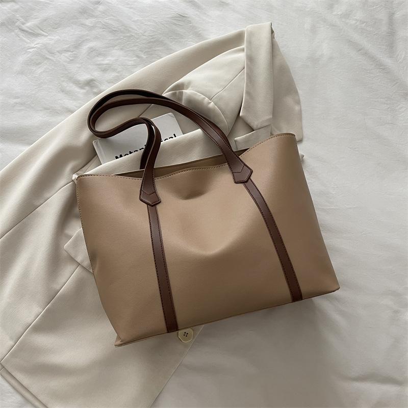 Korean Version Large Capacity Solid Color Faux Leather Tote Bag Fashion Vintage Commute Simple Shoulder Bag