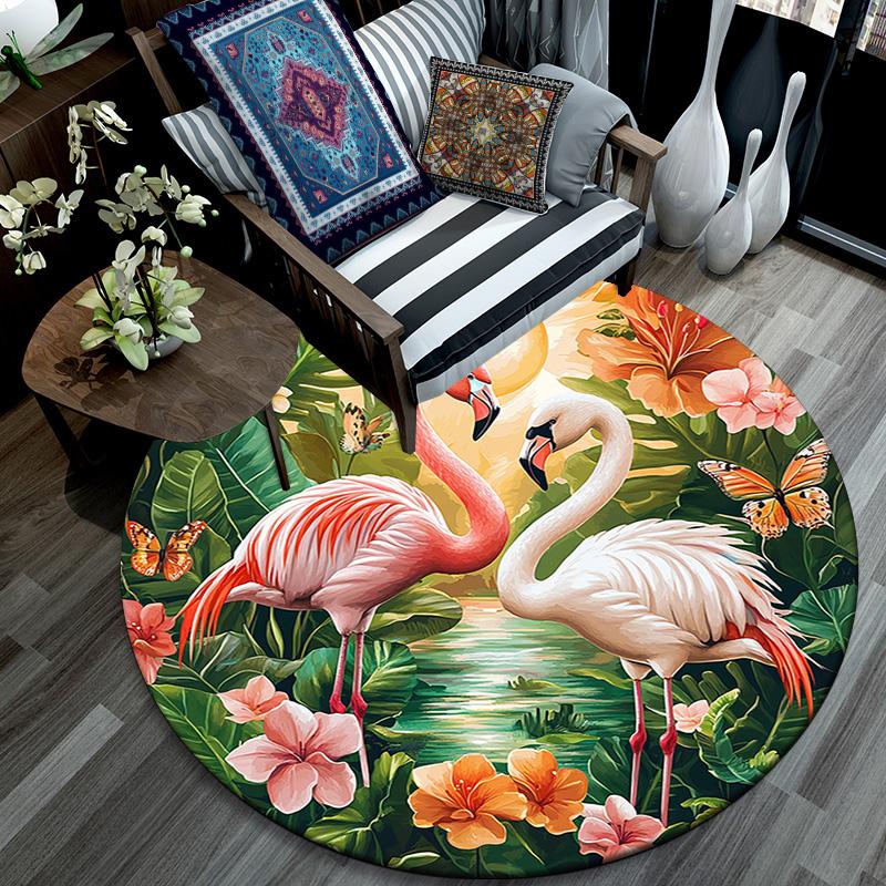 Flamingos Sunset Beach Round Area Rug,Carpet Rug for Living Room Bedroom Sofa Playroom Decor,Non-slip Floor Mat