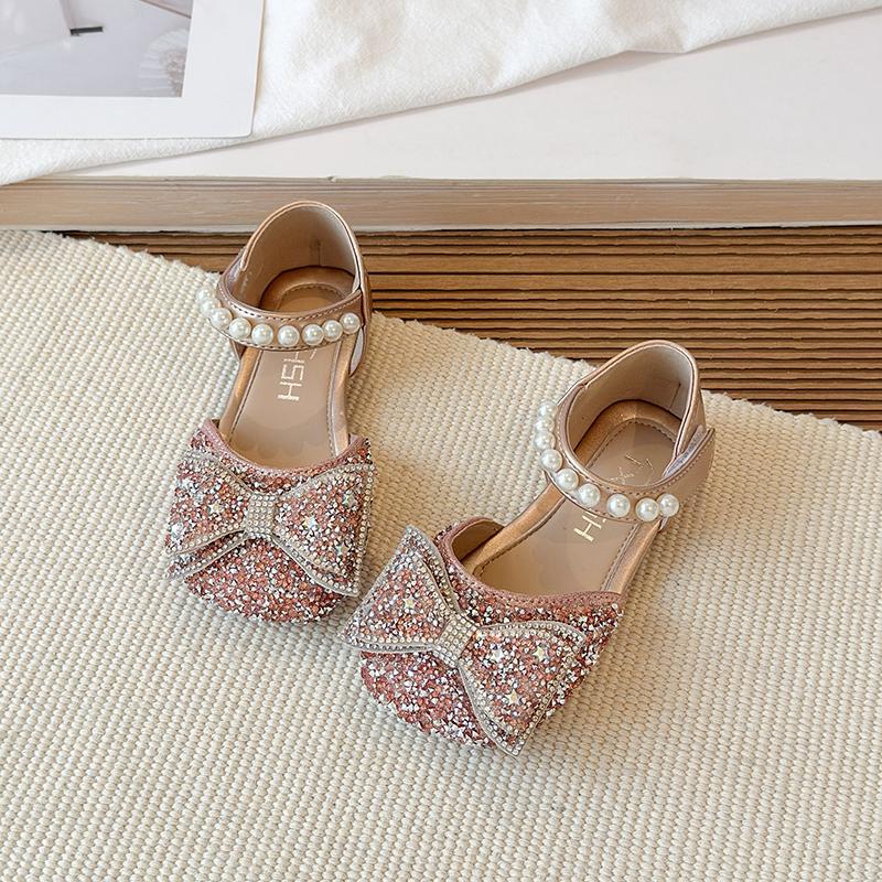 Girls' Leather Shoes New Rhinestone Single Shoes Fashionable Girls' Bow Princess Shoes Children's Toe Cap Crystal Sandals
