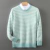 Men's 100% Pure Wool Striped Round Neck Sweater - Casual Cashmere Knitwear