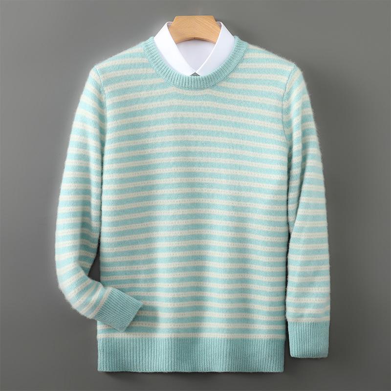 Men's 100% Pure Wool Striped Round Neck Sweater - Casual Cashmere Knitwear
