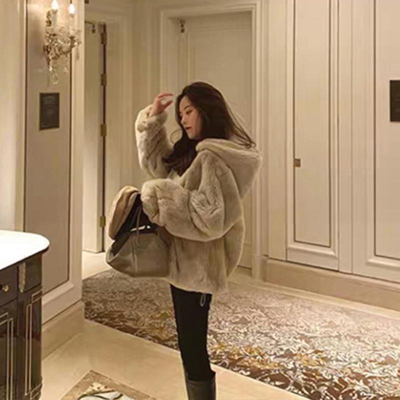 Autumn and winter new imitation leather hooded lamb furry coat women's loose imitation Rex rabbit hair stand-up collar light