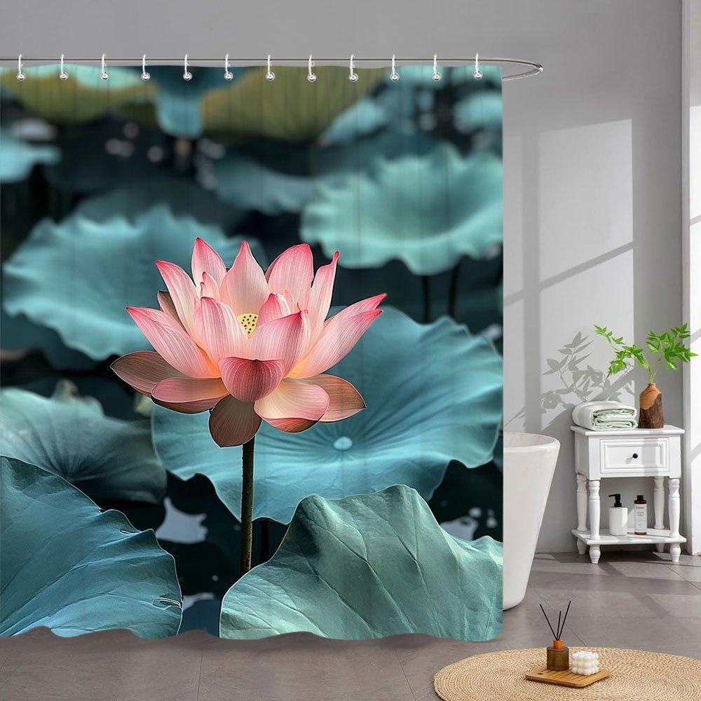 1pc for Lotus Bloom Bath Curtain - Elegant Water Garden Design with Pink Flowers & Blue-Green Leaves, Serene Botanical Decor, Du