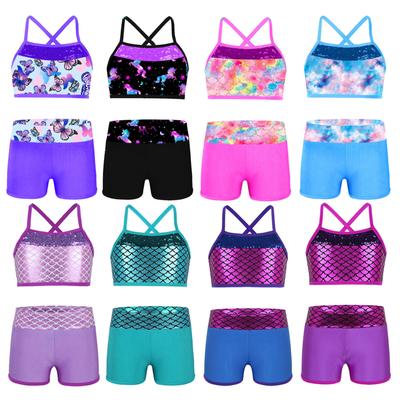 Kids Girls Swimming Dance Athletic Outfit Shoulder Straps Sequins Crop Top+Shorts Gymnastics Clothes