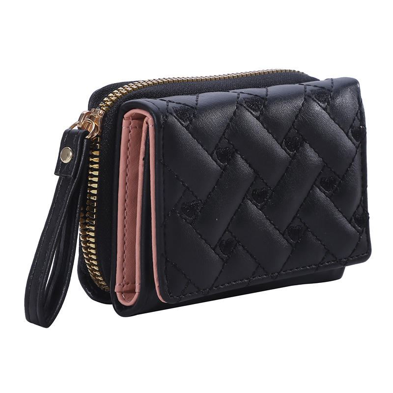 

Women s Coin Purse PU Leather Fashion Embroidered Heart Tri-fold Small Wallet Multi-card Slot Card Bag with Lanyard чёрный