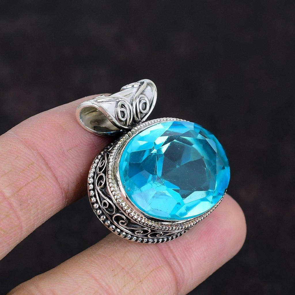 Faceted Swiss Blue Topaz Pendant Gemstone Pendant Antique Jewelry 925 Sterling Silver Pendant Vintage Pendant Handmade Jewelry Gifts For Her