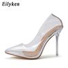Clear PVC Transparent Womens Pumps Stripper Perspex Stilettos High Heels Point Toes Party Nightclub Silver Shoes