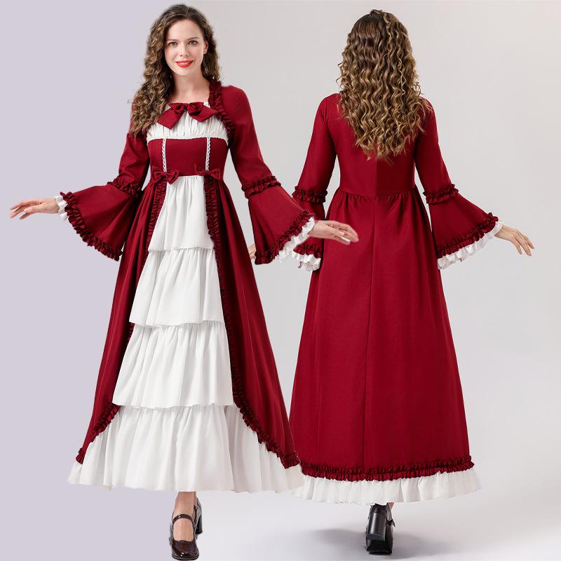 

Halloween Medieval Vintage Gothic Court Dress Square Neck Waist Splicing Bow Dress S