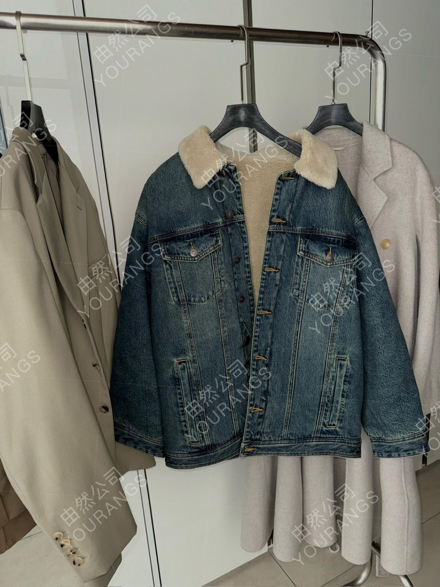 

Vintage Washed Lambswool Collar Denim Jacket - Early Spring, Silk-Spun Organic Cotton, Warm Loose Fit Small