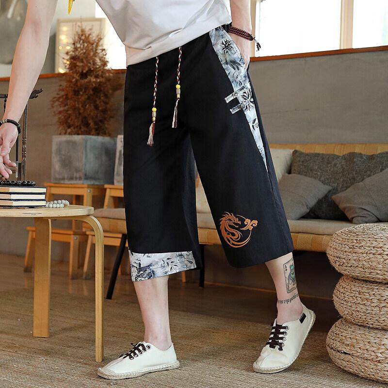Men's New Chinese Style Dragon Pattern Cooling Ice Silk Capri Shorts