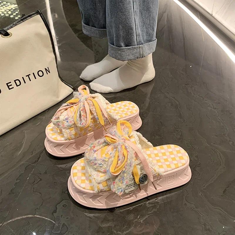 Fashion Thick Soled Canvas Half Slippers for Women's 2024 New Summer Casual Internet Red Lace Up Fashionable Sandals