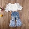 Kleinkind Baby Kind Mädchen Kleidung Spitzen Tops + Rüschen Loch Denim Hosen Outfits Set