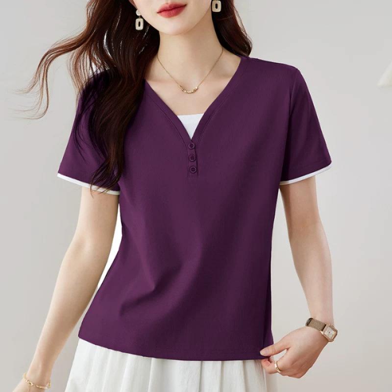V-Neck Short-Sleeve T-Shirt for Women: Stylish Summer Loose Fit, Perfect for Middle-Aged Moms