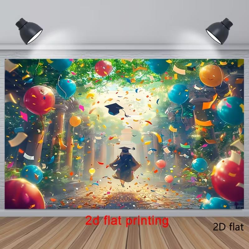 2D Graduation Cap Backdrop, Party with Balloons & Confetti Background