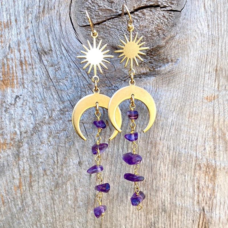 Fashion Asymmetrical Crystal Earrings With Moonstone And Geometric Alloy Design For Women Amethyst