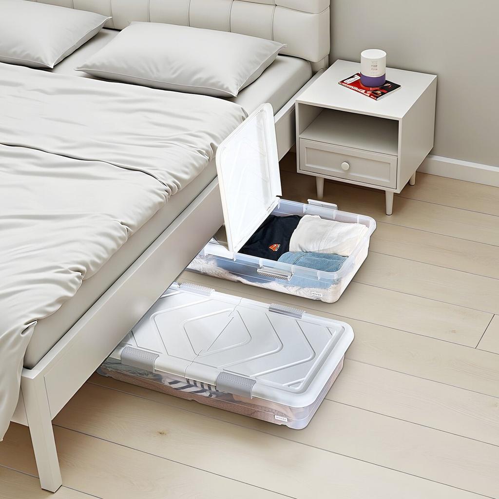 Under Bed Storage with Wheels, 805 x 396 x 175 mm Underbed Containers, Underbed Shoes Organizer with Lid and Gray Latch, Rolling Under the Bed Storage