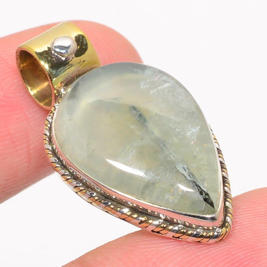 Natural Prehnite Gemstone Two Tone 925 Solid Sterling Silver Pendant 1.25'' I3M07