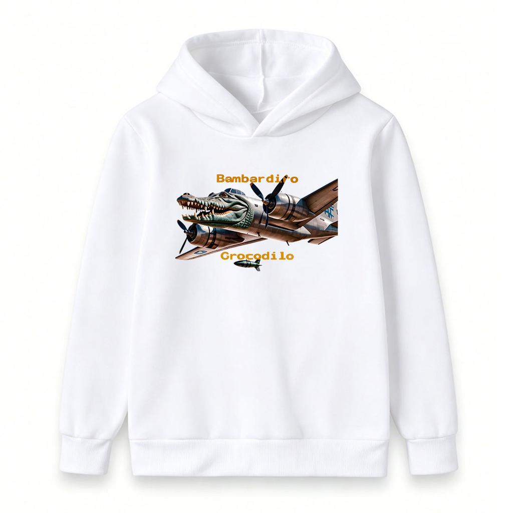 Kids Boys Girls Hoodie Sweatshirt, Funny Crocodile Head Bombard Aircraft Graphic Pullover, Casual Soft Long Sleeve Hooded Top for Kids Daily Play Wear