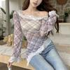 Vintage Plaid Irregular Slim T-shirts Women's Clothing Slash Neck Lace 2025 Autumn Asymmetrical Fashion Off Shoulder Pullovers
