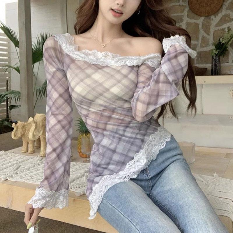 Vintage Plaid Irregular Slim T-shirts Women's Clothing Slash Neck Lace 2025 Autumn Asymmetrical Fashion Off Shoulder Pullovers