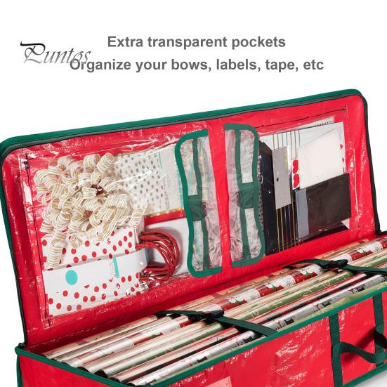Christmas Wrapping Paper Storage Bag Flexible Partitions Pockets Large Capacity Durable Handle PE Gift Wrap Organizer