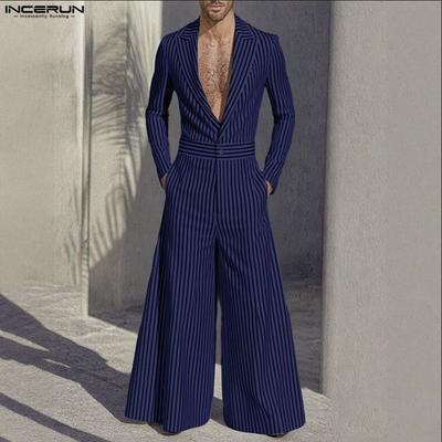 Men Notched Lapel Long Sleeve Striped Oversized Loose Long Rompers Jumpsuits