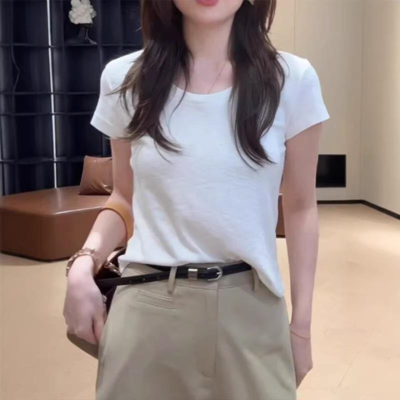 Premium green u-neck front shoulder short-sleeved t-shirt women's summer slim-fitting and thin small versatile t-shirt top Korea