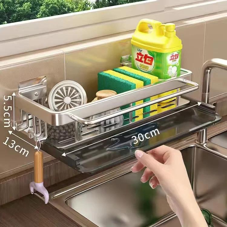 Kitchen Storage Rack Shelf Hanging Towel Sponge Drain Organizer Alumimum Sink Drain Rack Basket Bathroom Shampoo Towel Holder