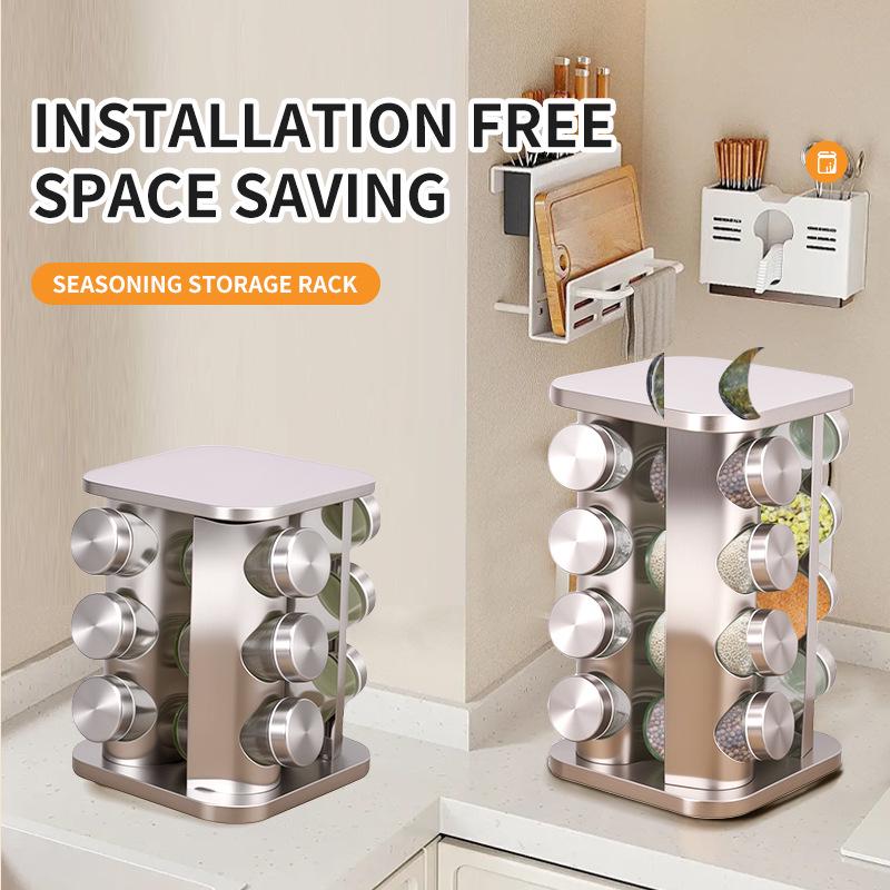 Otočný vícevrstvý nerezový kuchyňský stojan na koření s hliníkovou základnou a zaoblenými rohy