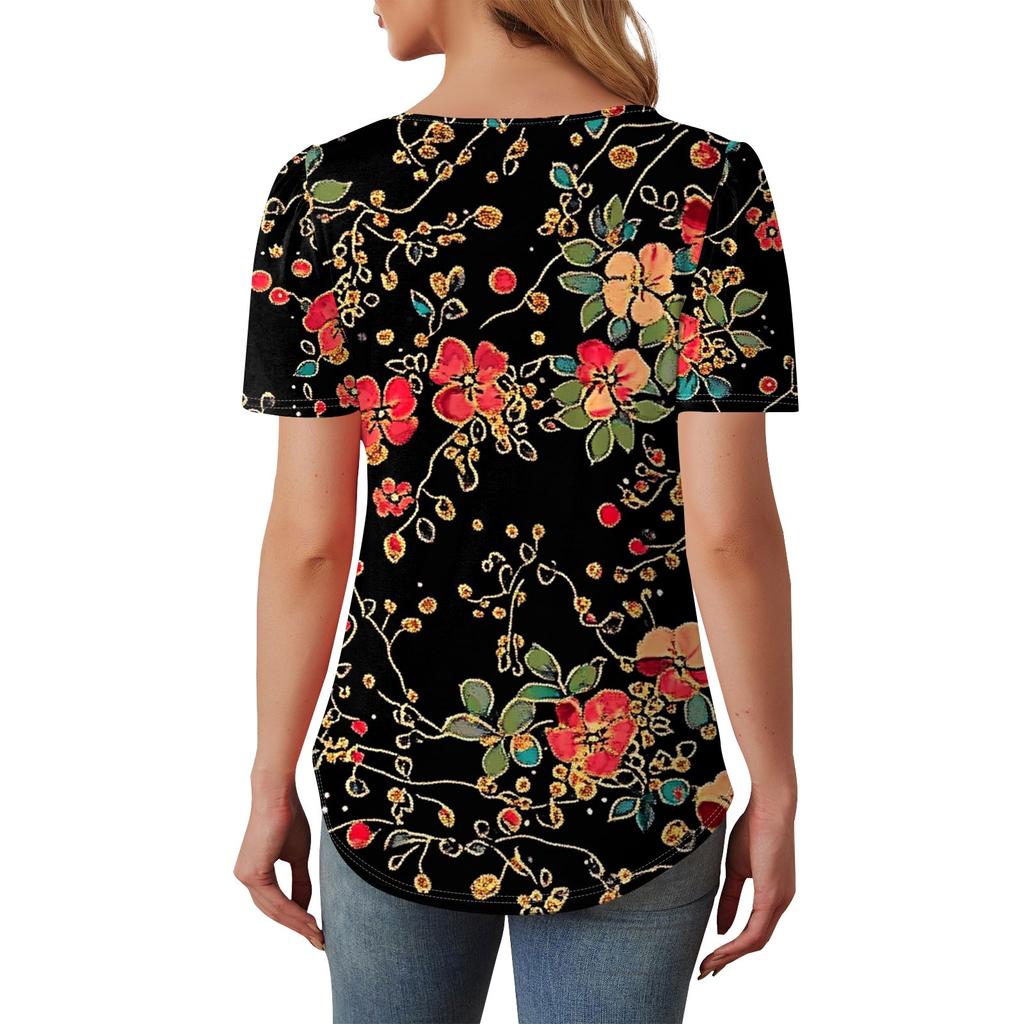 Women's Fashionable Casual Short Sleeve Button Floral Print Round Neck Pullover Top