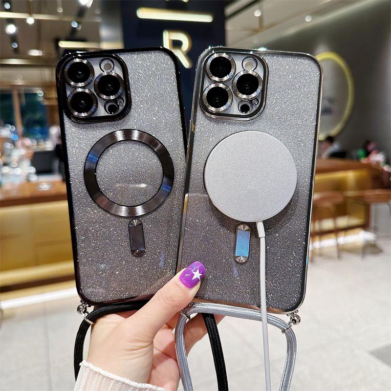 Magnetické pouzdro Crossbody Lanyard Gradient Glitter pro iPhone 14 13 12 11 Pro Max /Samsung S23 S22 Ultra S21 Plus Magsafe Plating Soft TPU zadní kryt