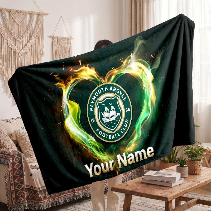 Plymouth Argyle FC Personalized Fleece Blanket With Football Logo, Custom Name Text Soft Warm Home Throw Blanket