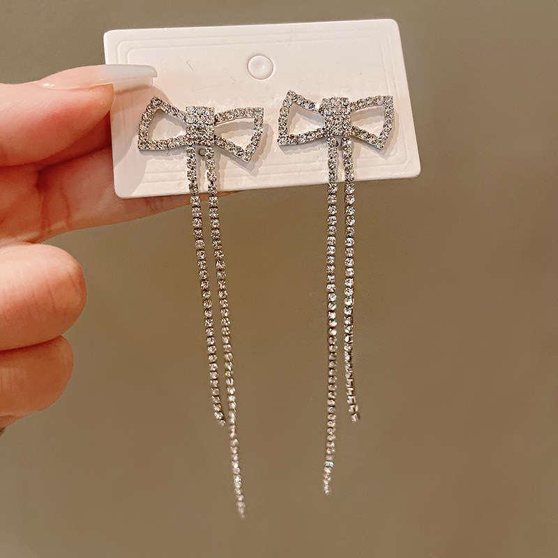 S925 Silver Teardrop Diamond Tassel Dangle Earrings - Korean Fashion, Celebrity Style for Women