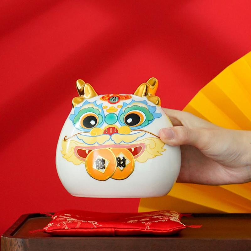 5 Inch Ceramic Dragon Money Box Maneki Neko Ornament Home Decoration Mascot Gold Dragon Figurine with Gift Box