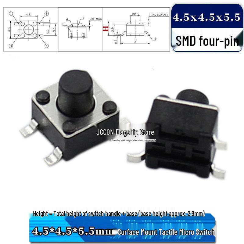 SMD Tactile Micro Switch 4.5x4.5mm, Height Options: 3.8-9mm, Copper Pins