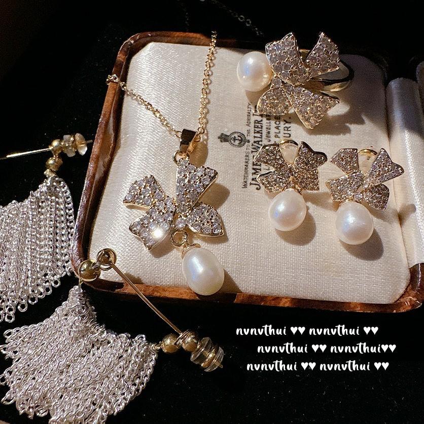 Mermaid Tears, Bow Jewel Pearl, Necklace, Tahitian, South Ocean Pearl, Butterfly Zircon Earrings, Set