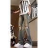 Retro blue knee ripped jeans men's extended version tall pants American high street straight high waist micro-pull pants