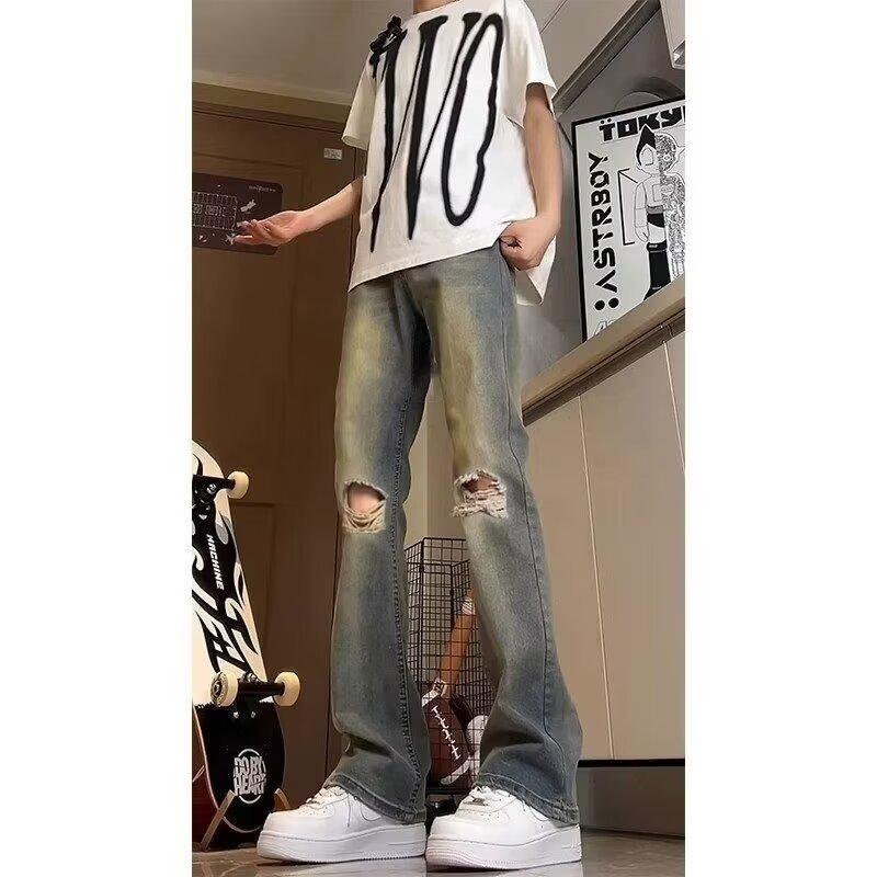 Retro blue knee ripped jeans men's extended version tall pants American high street straight high waist micro-pull pants