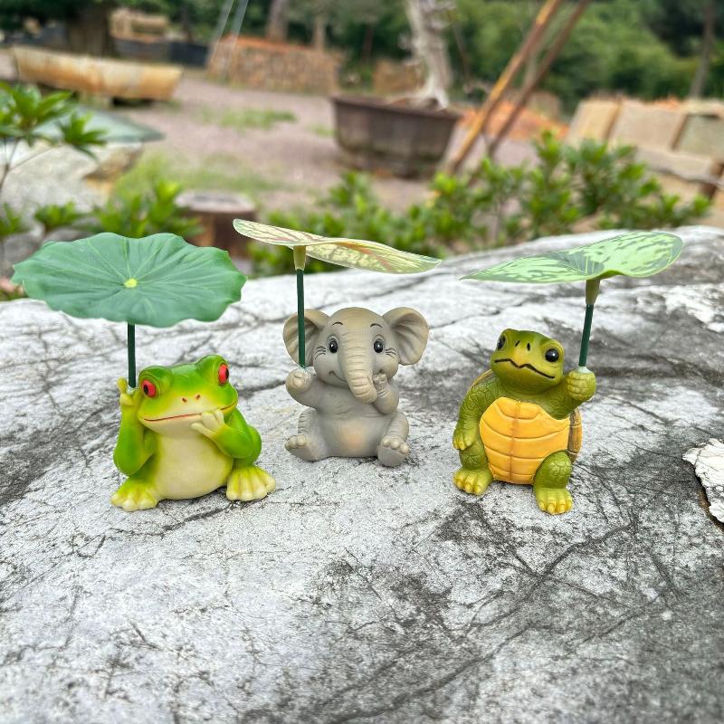 Cute Animal Figurines Set With Umbrella-Elephant,Turtle,Frog Garden Ornaments, Whimsical Desk Decor For Aquarium&Home Decor Gift