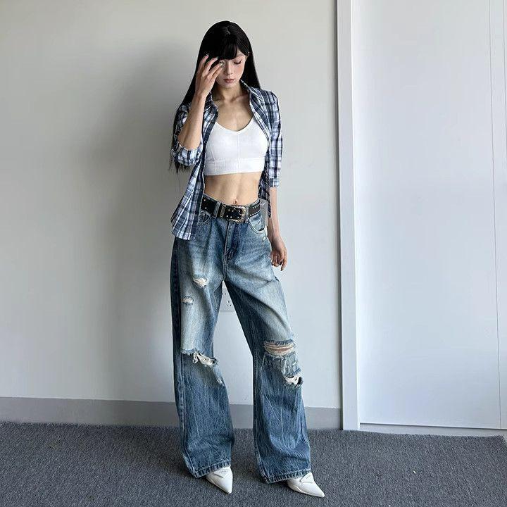 Comfortable Washed Big Yards Broken Holes Wide-legged Jeans Years High-waisted Skinny Old Loose Dragged Trousers Jeans for Women Long Denim Pants