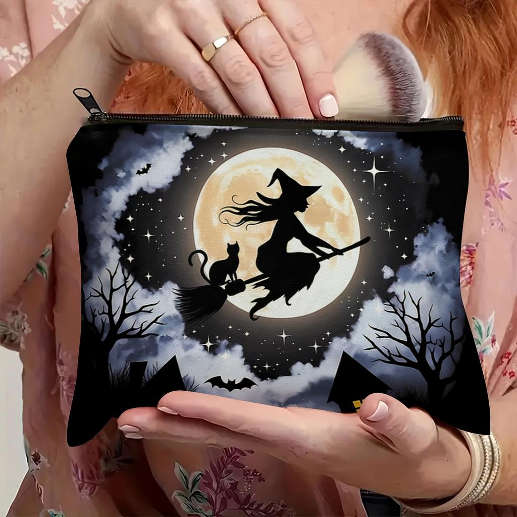 Enchanted Forest Witch and Cat Full Moon Cosmetic Bag Spooky HalloweenThemed Makeup Pouch with Bats, Stars, and Full Moon Design