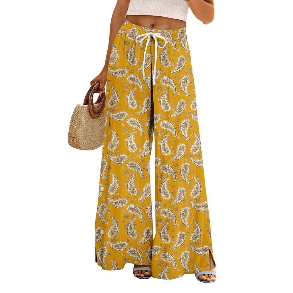 Damen Sommer Boho Palazzo Hose Hohe Taille Weites Bein Blumendruck Freizeithose Mit Taschen