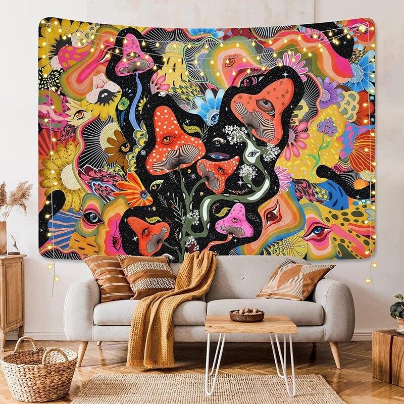 Psychedelic Mushroom Tapestry Divination Psychic Wall Hanging Hippie Bohemian Cute Room Decor Magic Tapestry Art Home Decor