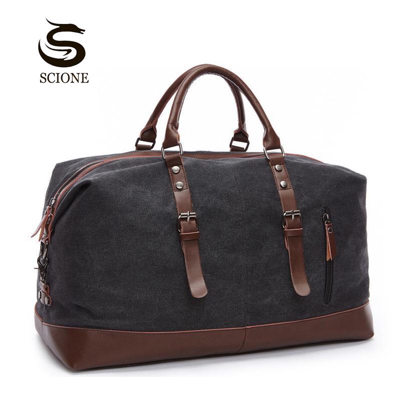 SCIONE Canvas Leather Travel Carry On Luggage Duffel Travel Tote Large Weekend Overnight Male Bag