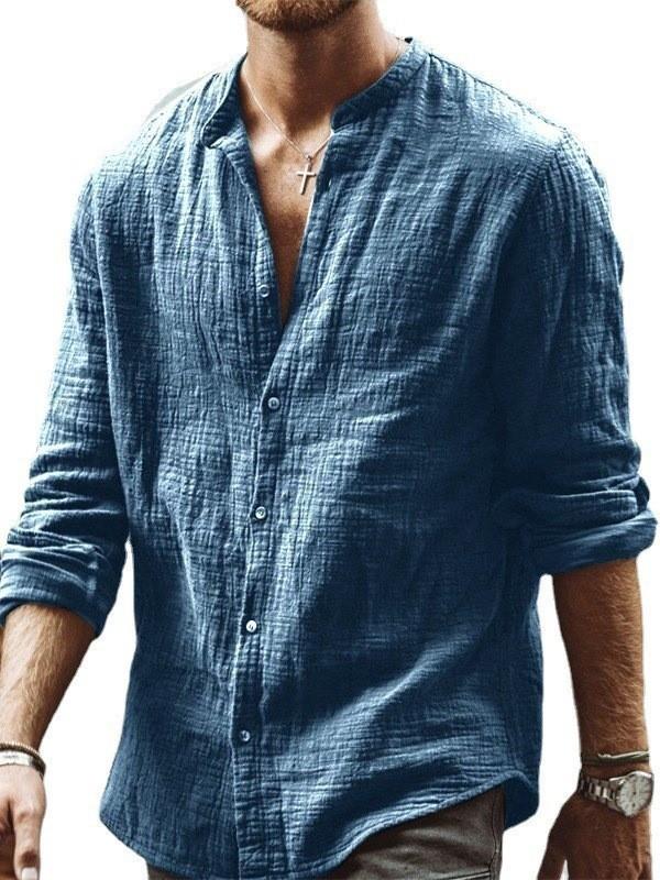 New Arrival Men's Solid Colour Casual Stand Collar Long Sleeve Shirt Linen Cardigan